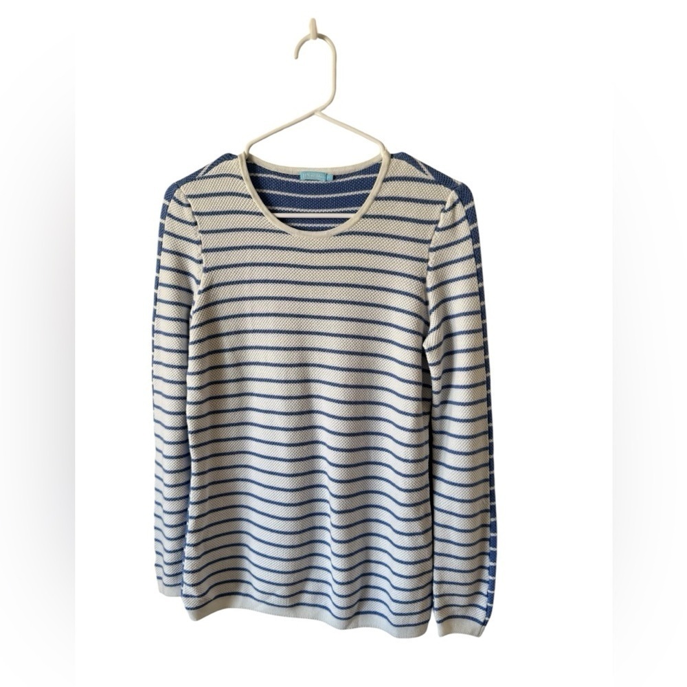 J. McLaughlin White and Blue Striped Knit Long Sleeve Sweater Top M